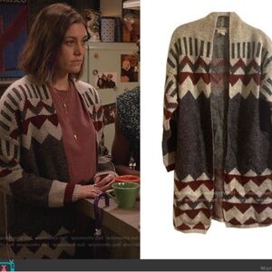 Dreamers Open Front Aztec Print Grey & Red Cardigan, size L